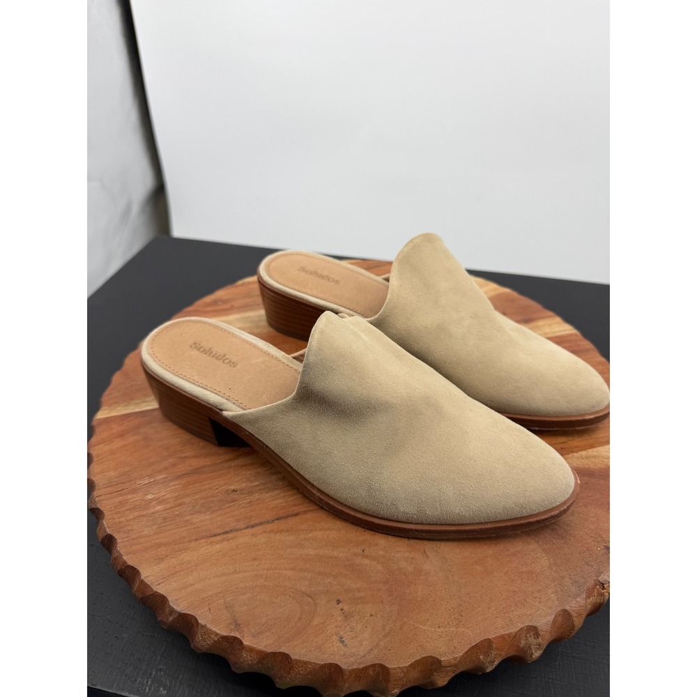 Soludos Venetian Mule Shoes Womens 7.5 Tan Suede Block Heel Pointed Toe Slip On